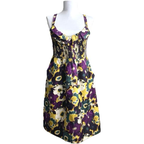 ANTHROPOLOGIE MAEVE 100% Silk Smocked Babydoll Floral Sleeveless Mini Dress SZ S - Picture 1 of 12